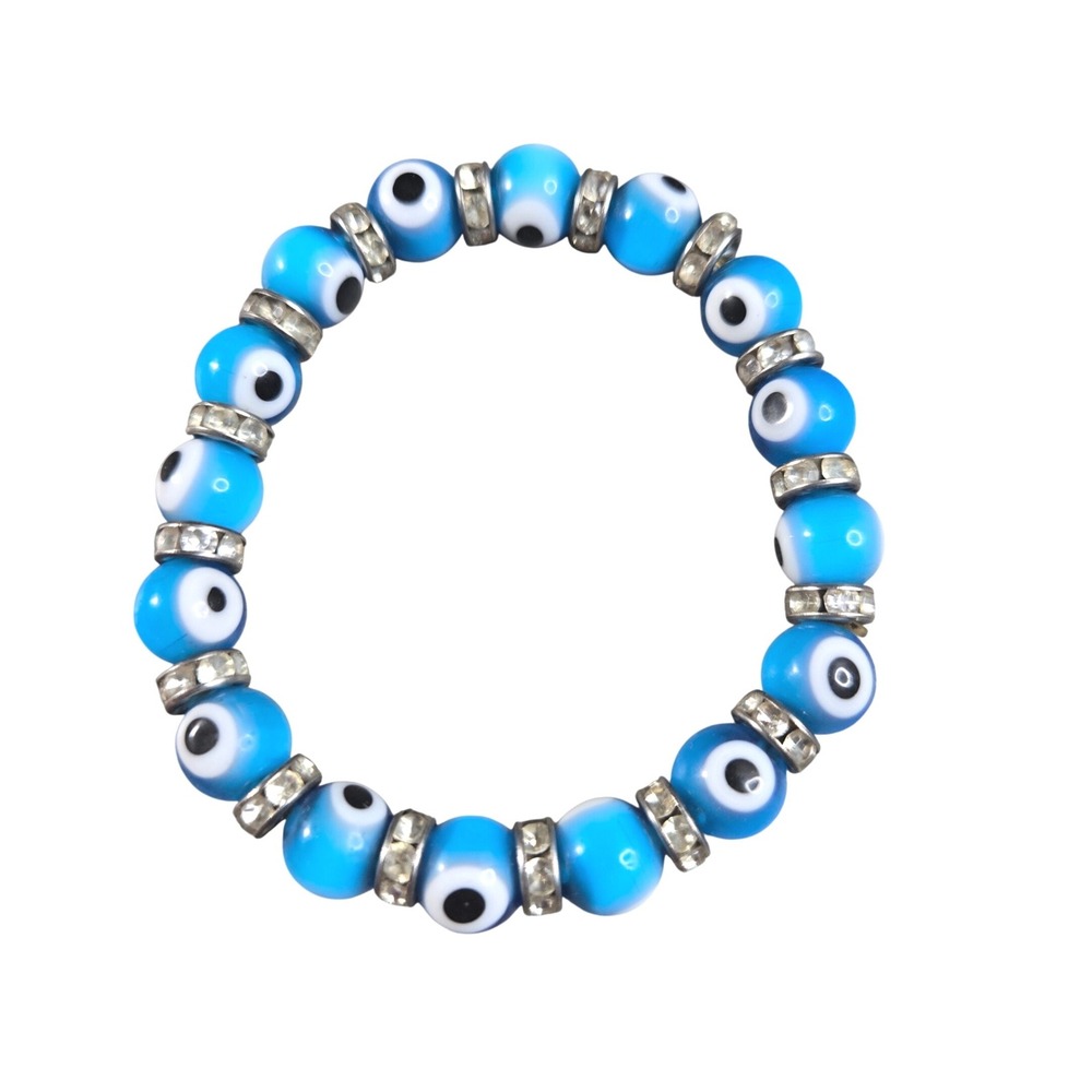Evil Eye Beaded Stretch Bracelet‎ Women 7" Blue Rhinestone Accents